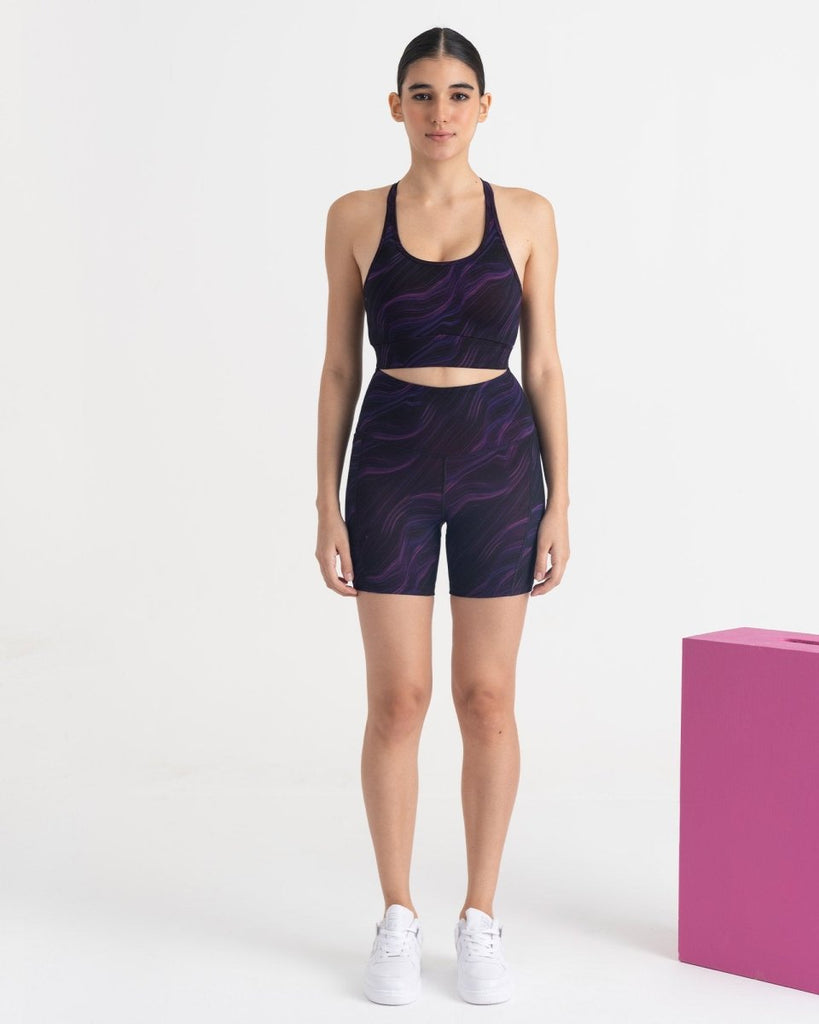 Hunnit Cosmic Waves Cycling Shorts and Sports Bra Co-ord Set Cosmic Waves Cycling Shorts and Sports Bra Co-ord Set