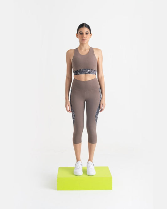 Majestic Flora Capris and 2-in-1 Crop Top Co-ord Set - Mocha Brown