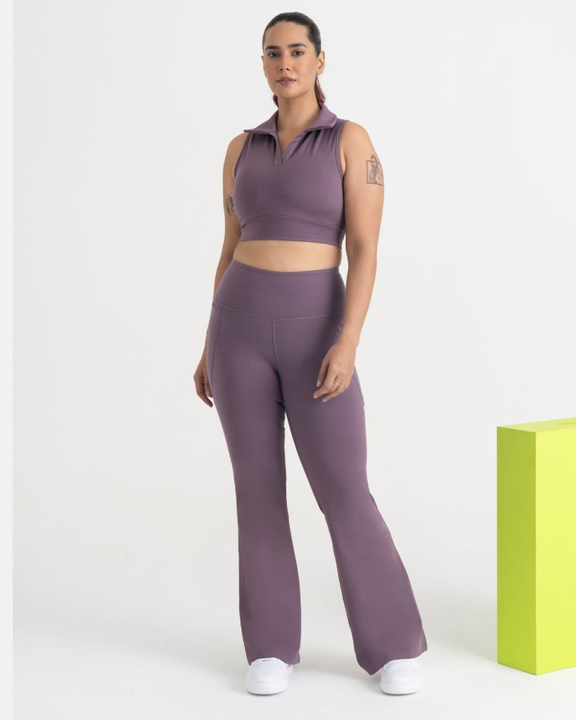 Hunnit  Zen Flare Pants and Polo-Neck 2-in-1 Crop Top Co-ord Set - Hunnit